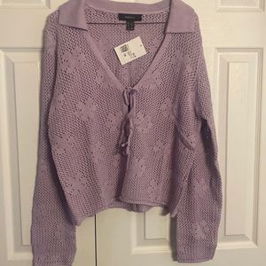NWT Forever 21 Size 1X Crochet Tie Front Floral Detailed Collared Sweater